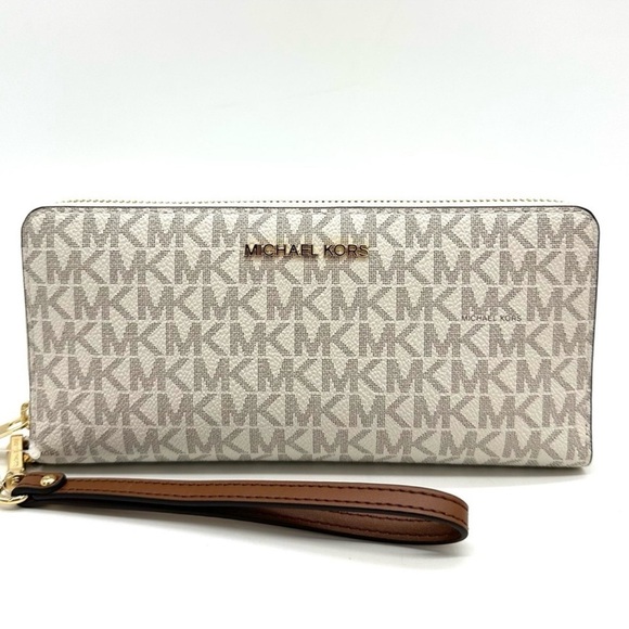 Michael Kors Large Continental Wallet Wristlet Vanilla/Brown - Picture 1 of 10